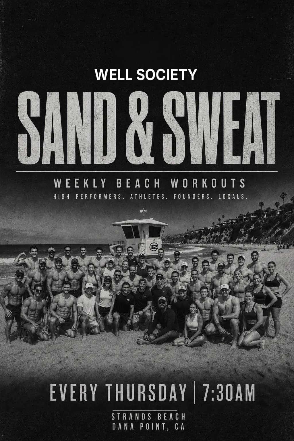 Sand & Sweat weekly beach workout — a large group on the sand at Strands Beach, Dana Point, every Thursday at 7:30am.