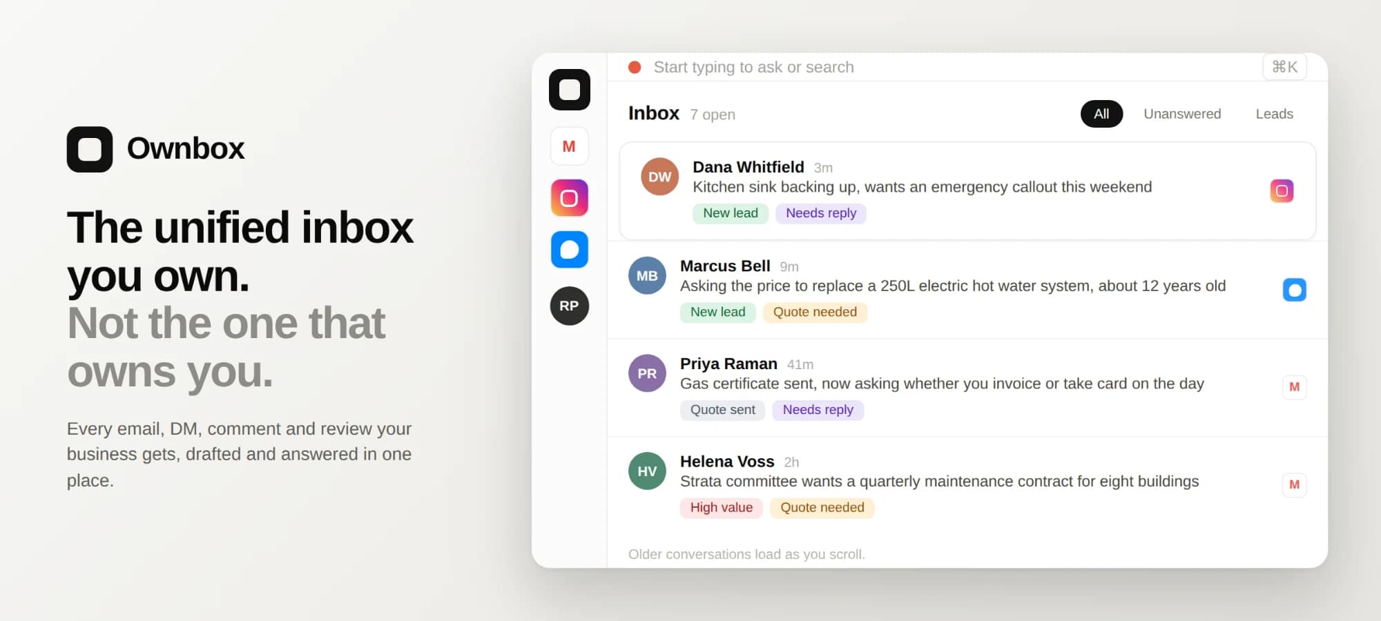 Ownbox — the unified inbox you own. Four conversations from Instagram, Messenger and email in one list, each tagged new lead, quote needed or needs reply.